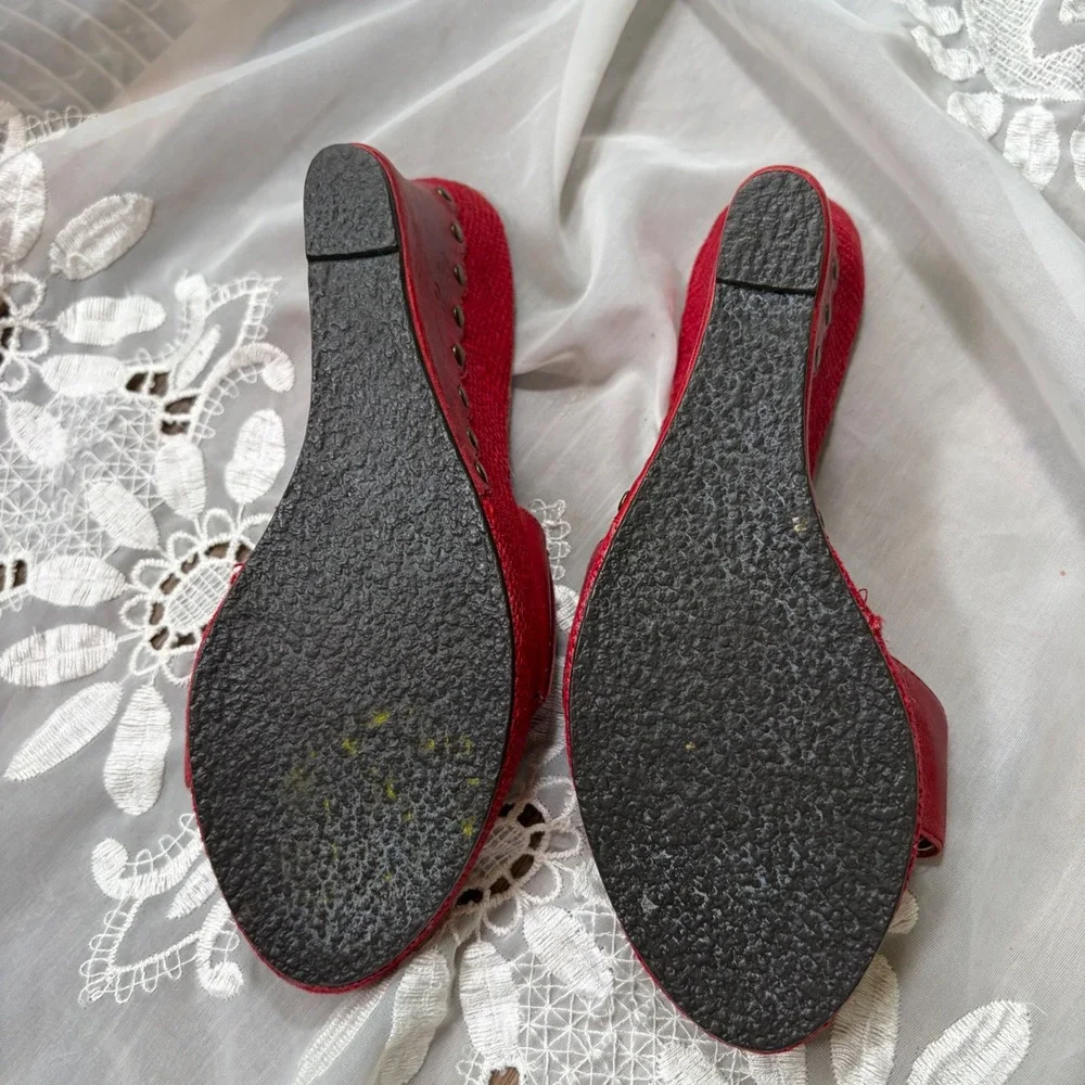 Y2K Pepe Jeans London Red Leather Woven Wedge Sandals Studded Platforms